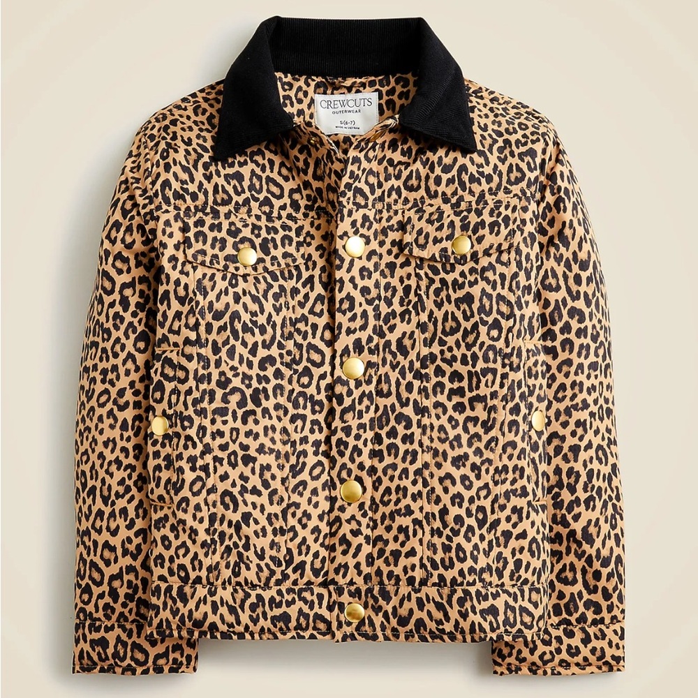 J.Crew Kids' lightweight puffer jacket Leopard Print with corduroy Black Collar